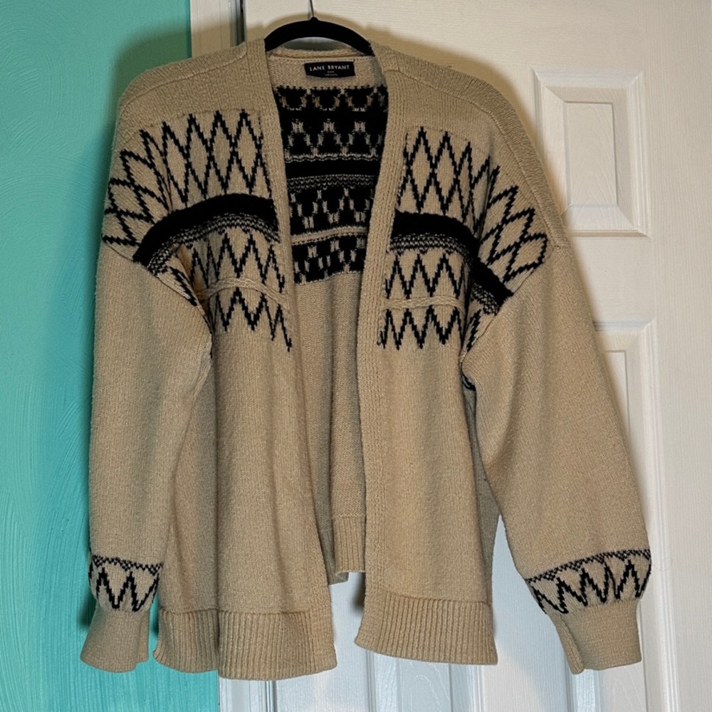 Lane Bryant Beige Open Front Cardigan with Black Fair Isle Pattern